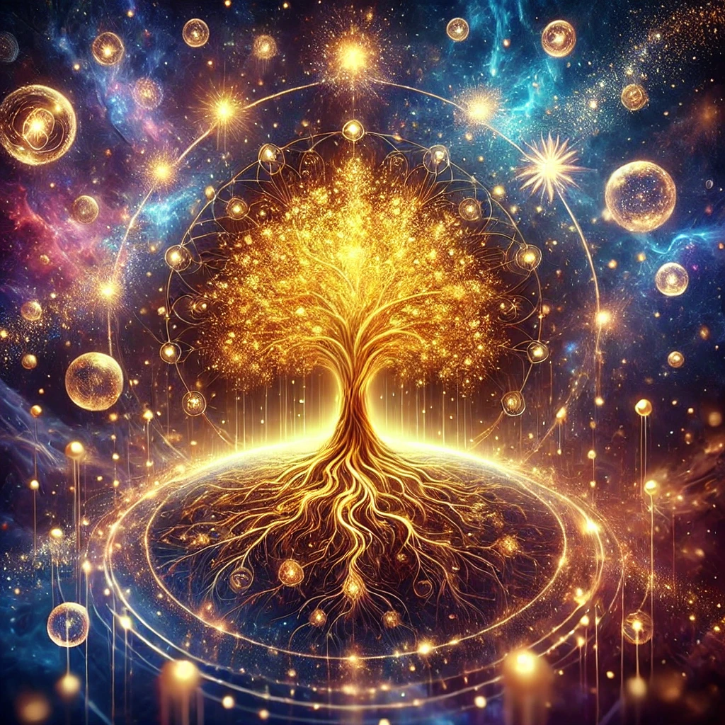 dall·e 2025 02 19 13.22.55 a radiant and mystical digital artwork symbolizing abundance meditation. the image features an ethereal golden tree with its roots and branches glowin