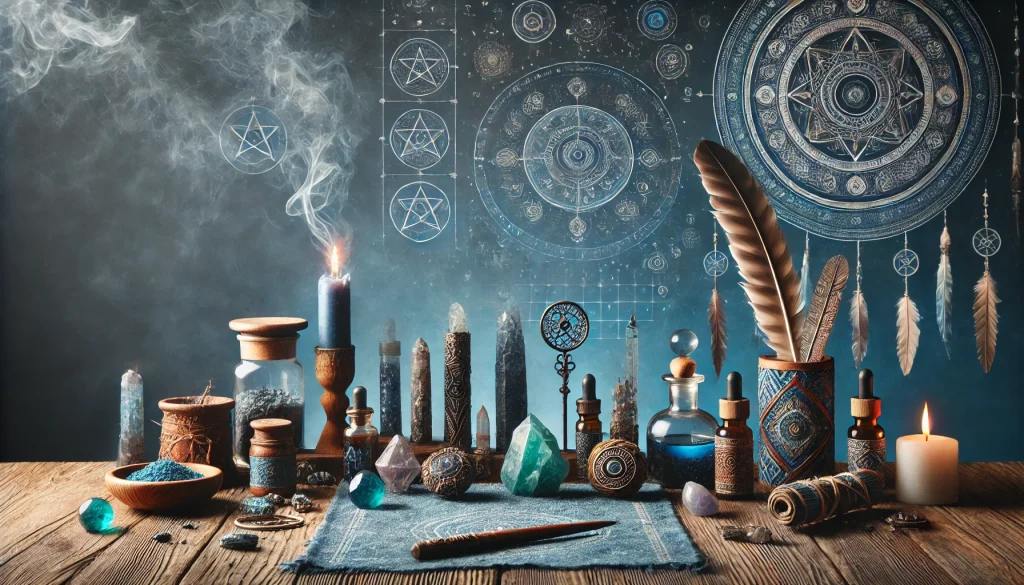 dall·e 2025 03 20 21.44.54 a wide, high quality realistic digital image for an online store inspired by shamanic aesthetics. the scene features a deep blue and indigo color pale